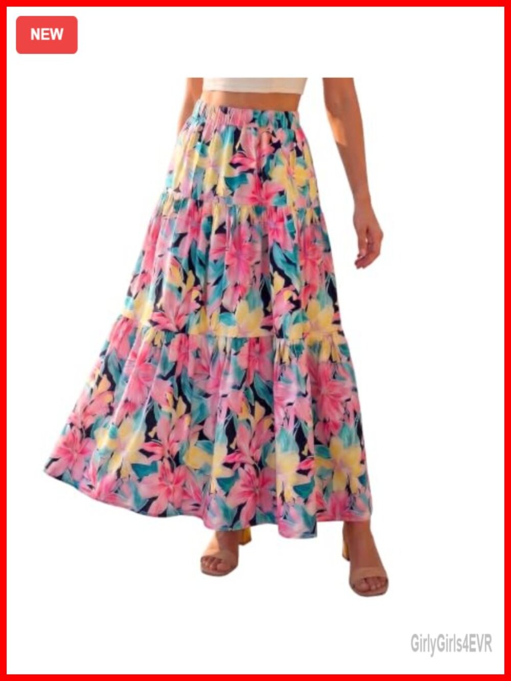 Rayon Nylon Tiered Floral Bohemian Maxi Skirt High Waisted